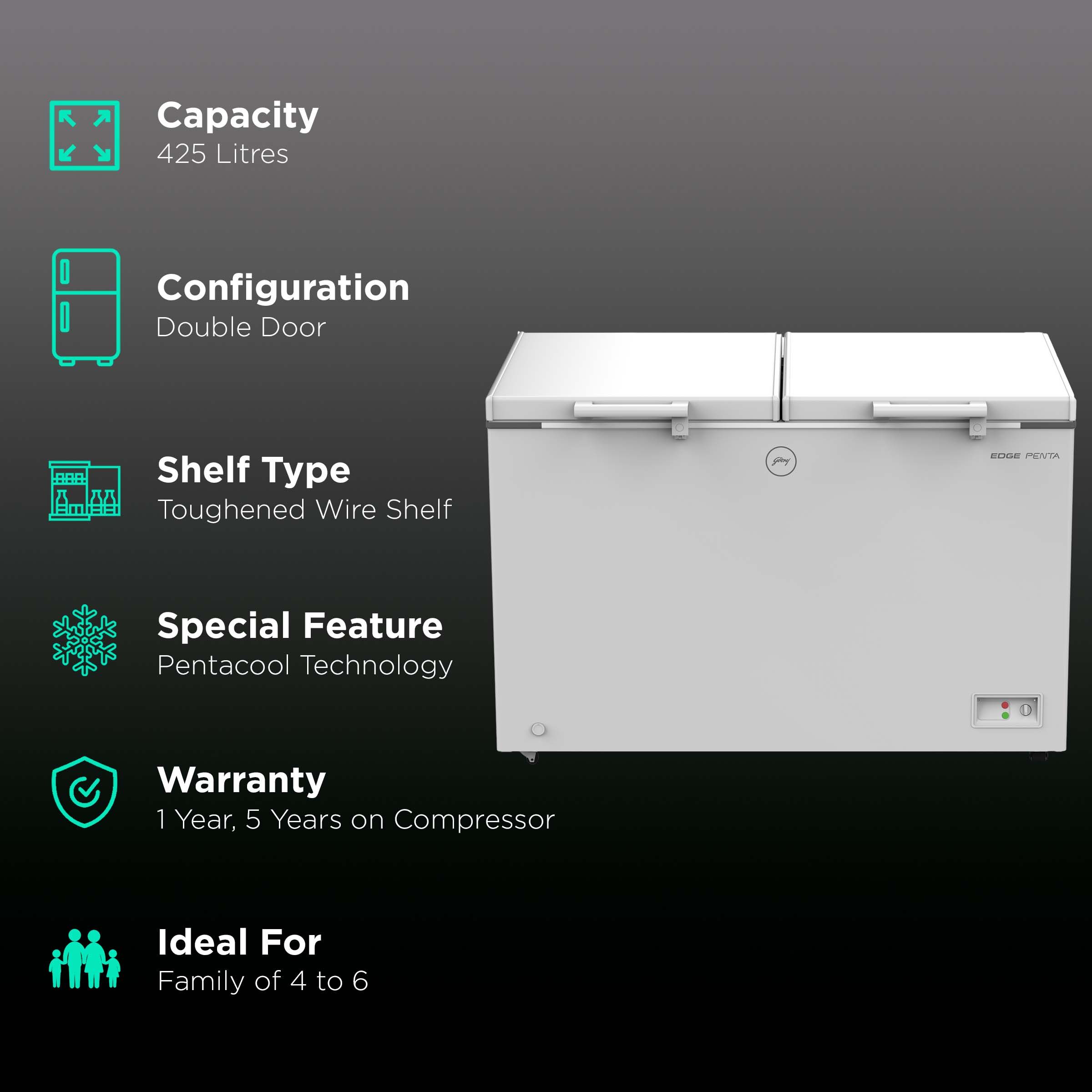 Buy Godrej Edge Penta 425 Litres 3 Star Double Door Deep Freezer